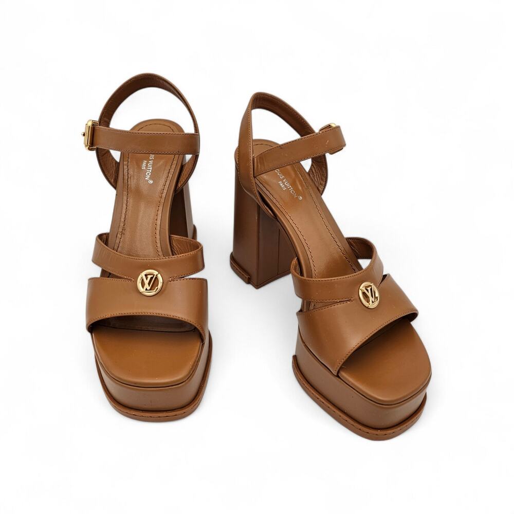 Louis Vuitton Maya Heeled Platform Sandal Cognac Brown Leather Gold Size 39 US 9